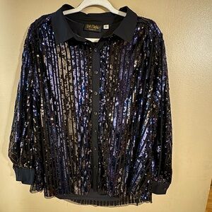 Bob Mackie Wearable Art Sequin Button Up Blouse Black XL